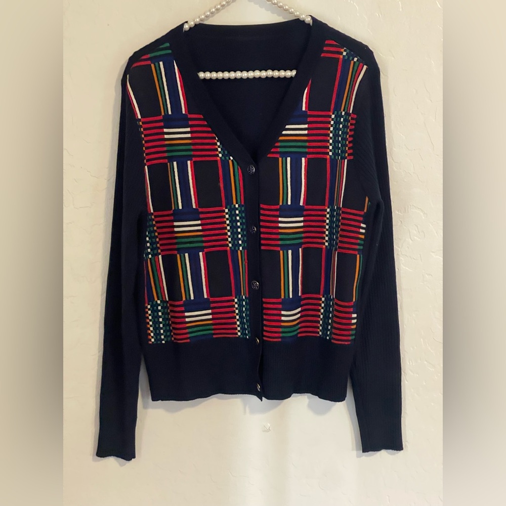 Tory Sport Multicolor Plaid Cardigan